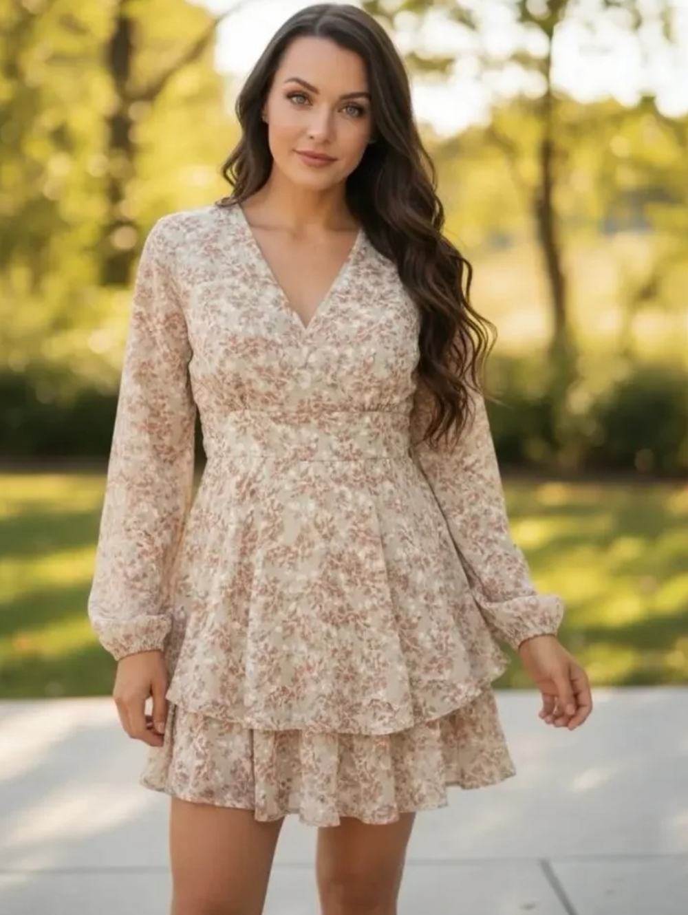 Japna ✨️ Women's Floral Wrap Tiered Mini Dress in Sage and Blush Size S